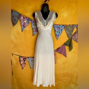 Vintage Ivory Lace Trim Silk Slip Dress Nightgown